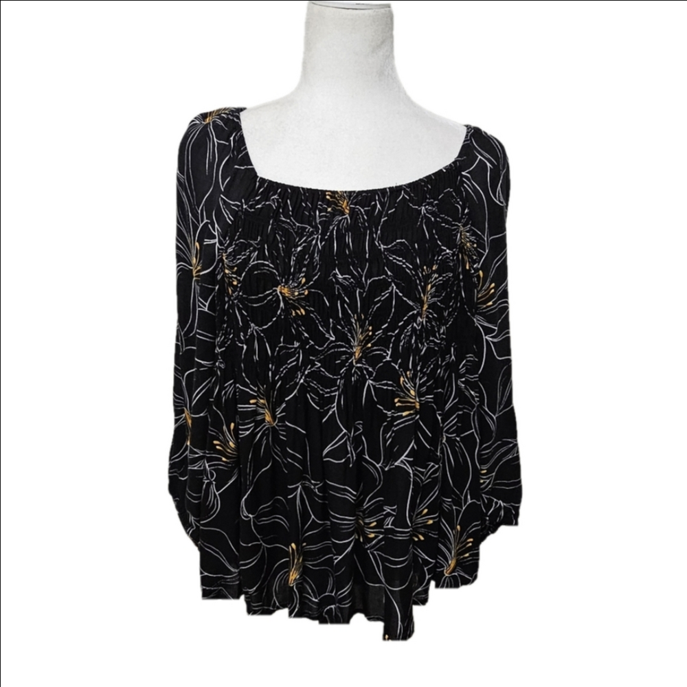 DR2 Babydoll Smocked Blouse Black Floral Print Loosefit Flowy Womens XL